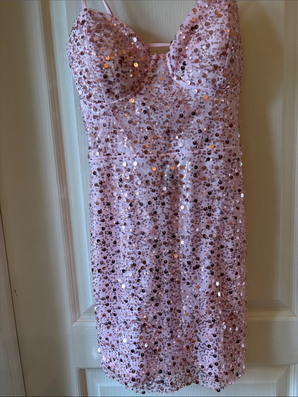 Windsor Light Pink Sequined Slip Dress with Spaghetti Straps